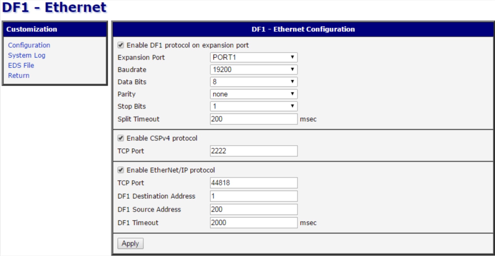 Configuration Options of DF1 to Ethernet/IP 4G modem router